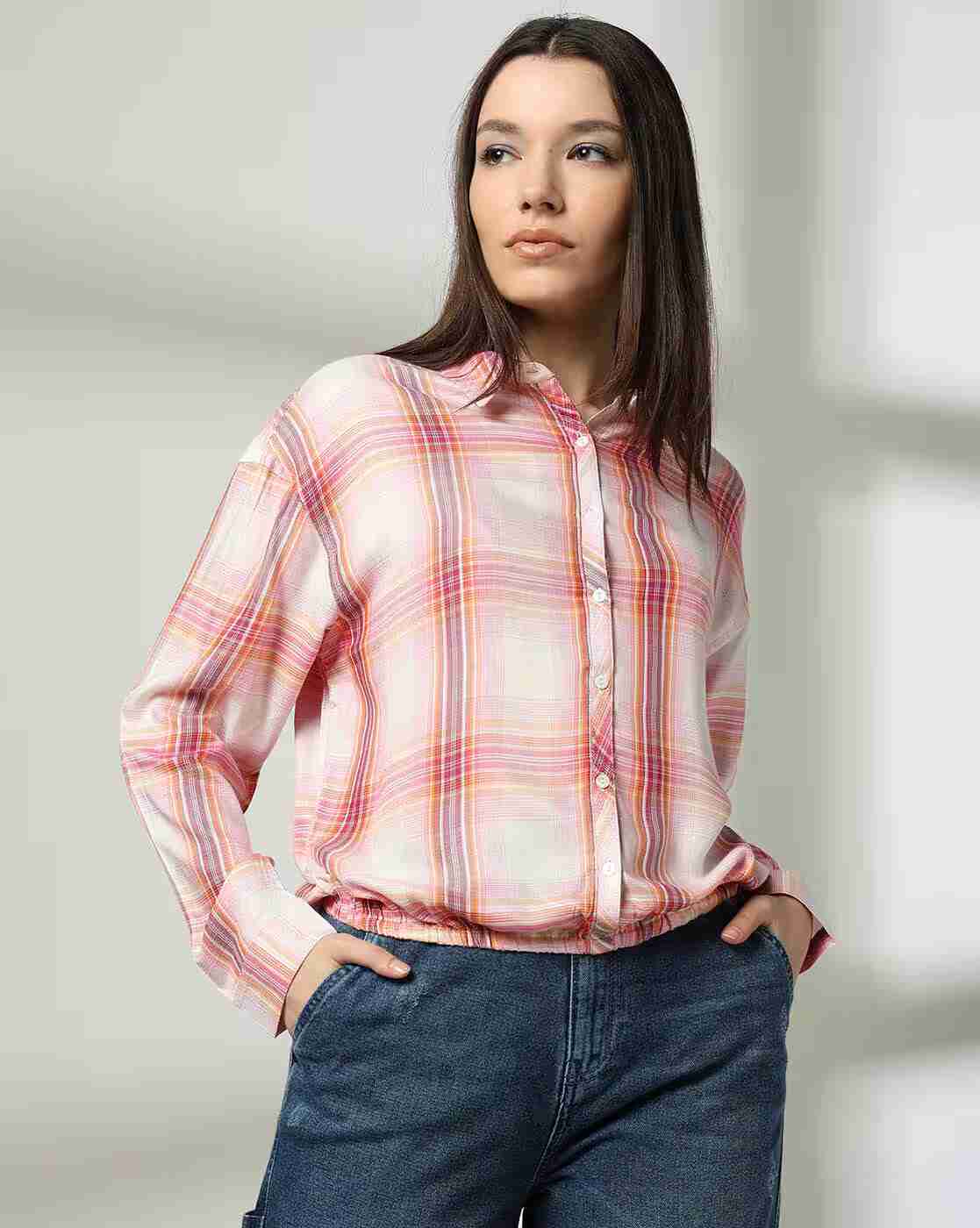 DNMX | Women Checked Elasticated-Waist Shirt|0