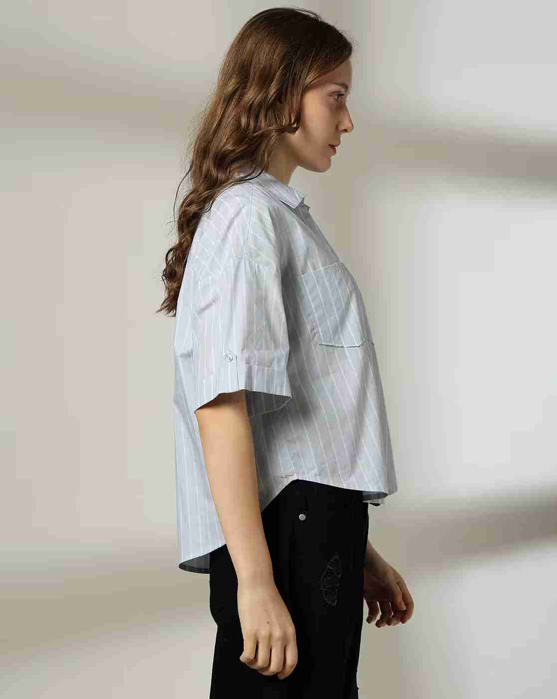 DNMX | Women Striped Relaxed Fit Cotton Shirt with Patch Pockets|1