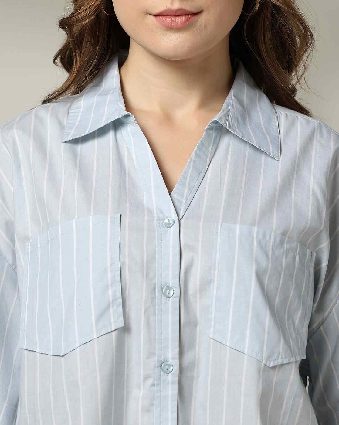 DNMX | Women Striped Relaxed Fit Cotton Shirt with Patch Pockets|3