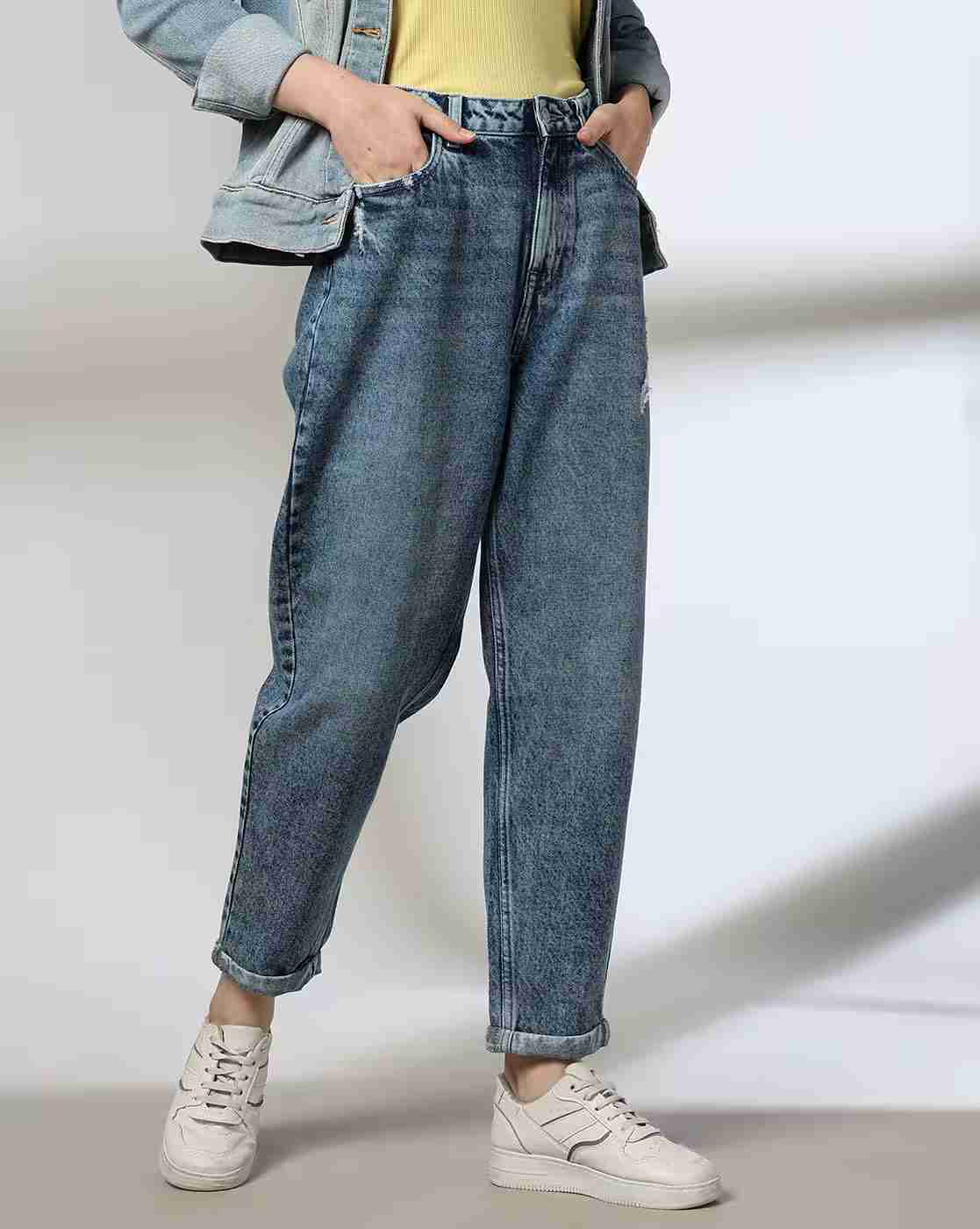 DNMX | Women Lightly Washed Distressed Mom Jeans|0