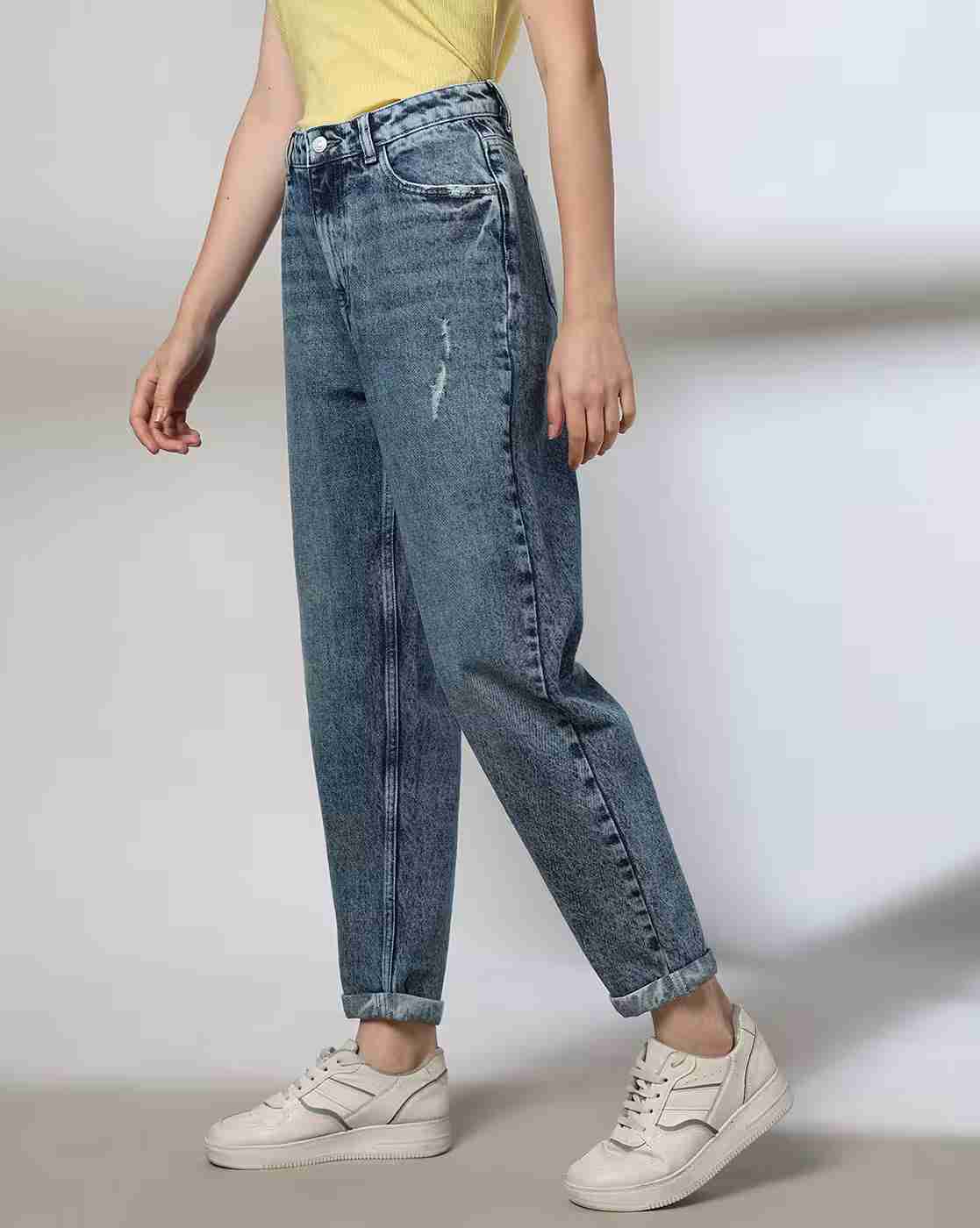 DNMX | Women Lightly Washed Distressed Mom Jeans|1