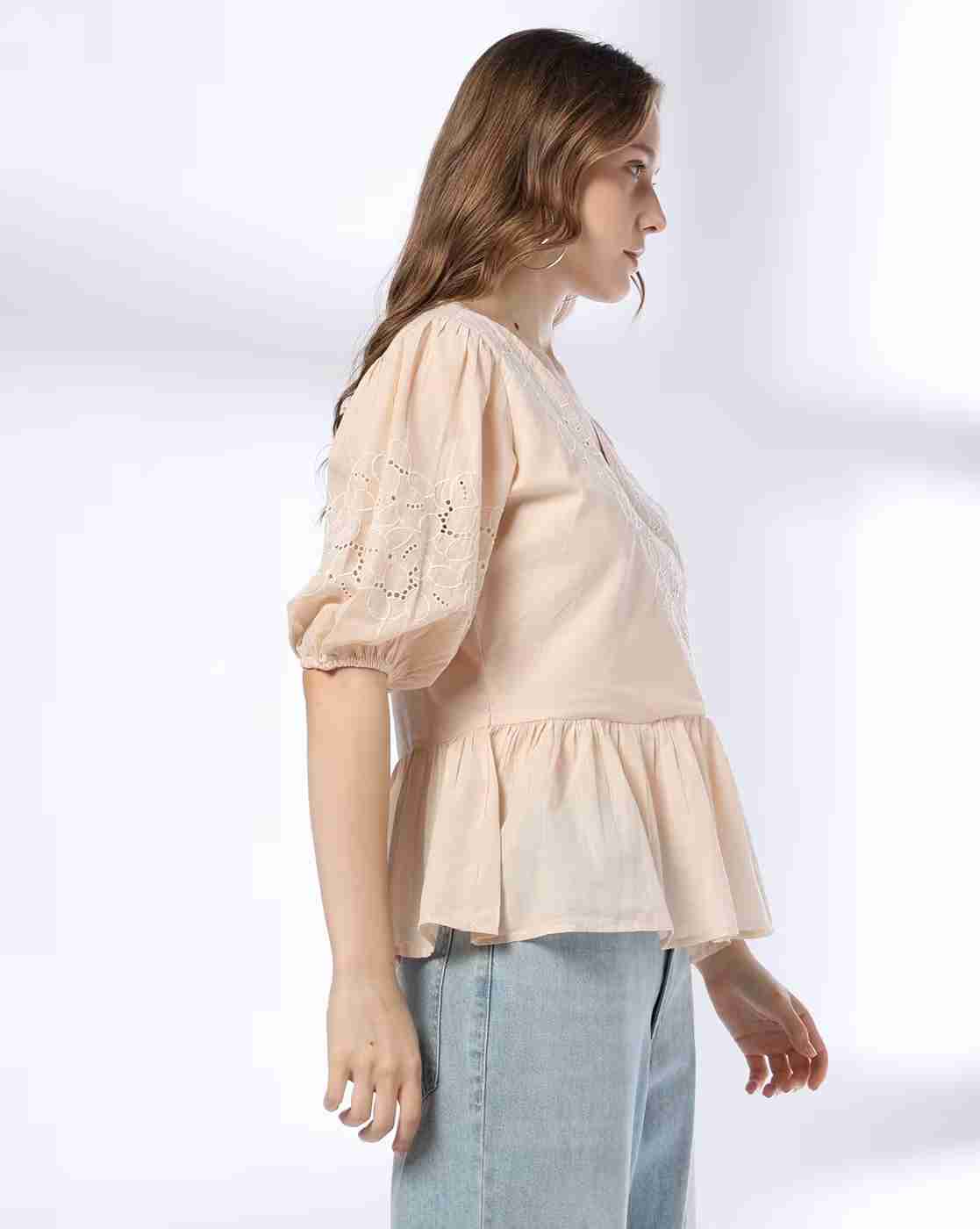 DNMX | Women Schiffli Embroidered Relaxed Fit Peplum Top|1