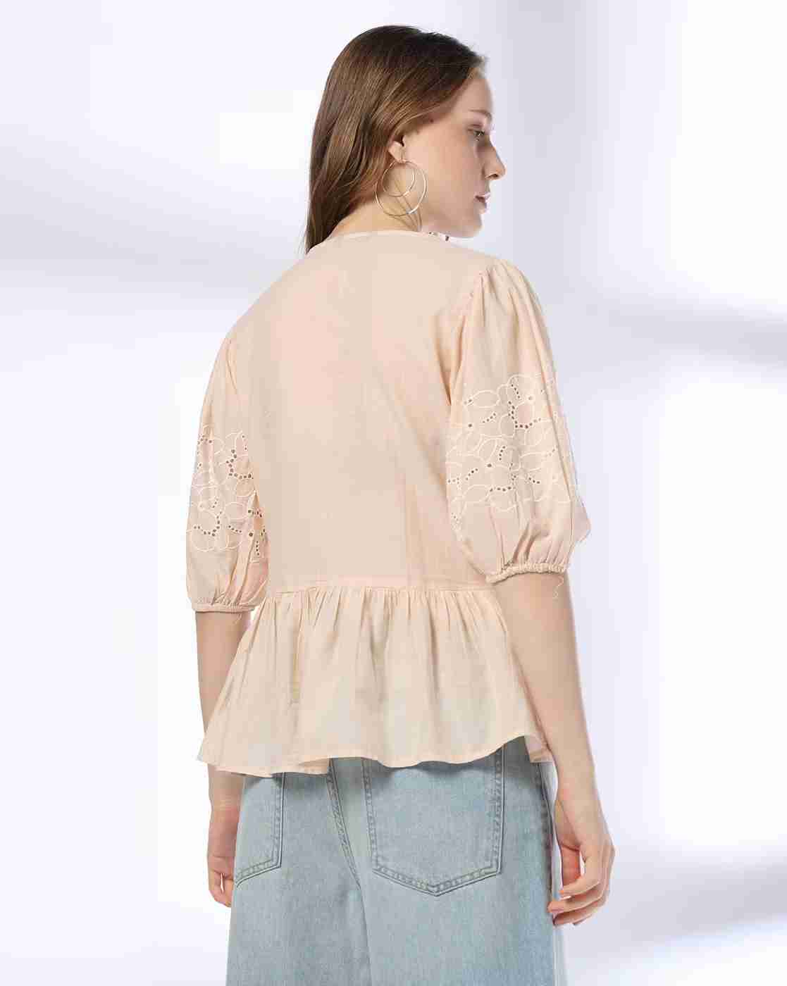 DNMX | Women Schiffli Embroidered Relaxed Fit Peplum Top|2