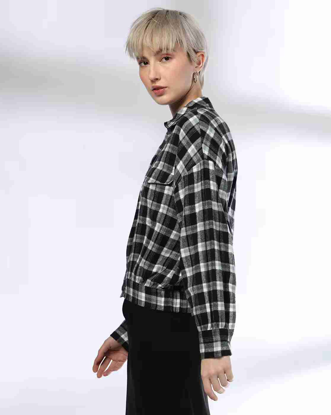 DNMX | Women Checked Relaxed Fit Shirt with Flap Pockets|2