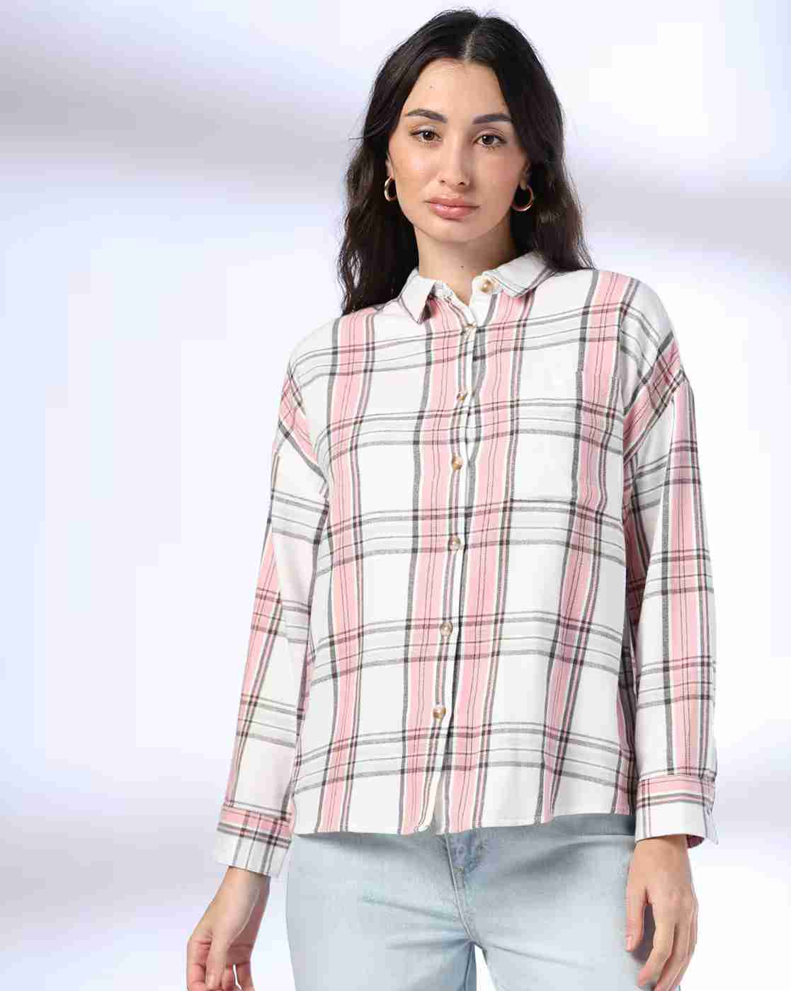 DNMX | Women Checked Relaxed Fit Shirt with Patch Pocket|0