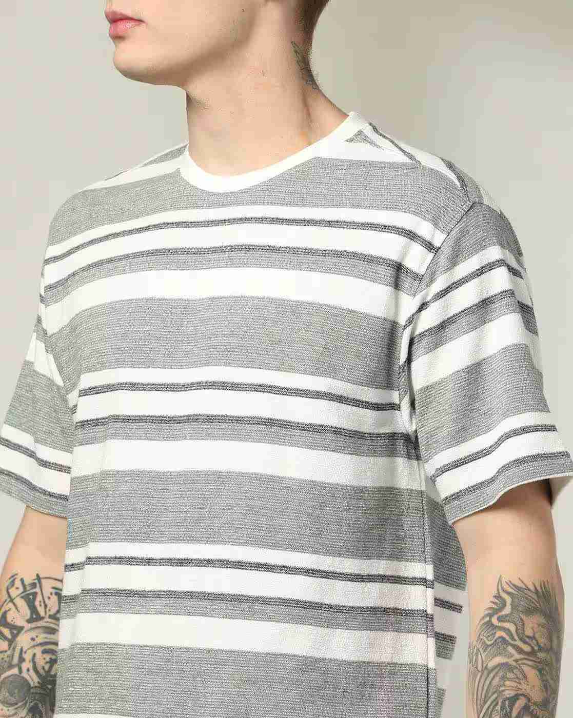 DNMX | Men Striped Relaxed Fit Crew-Neck T-Shirt|2