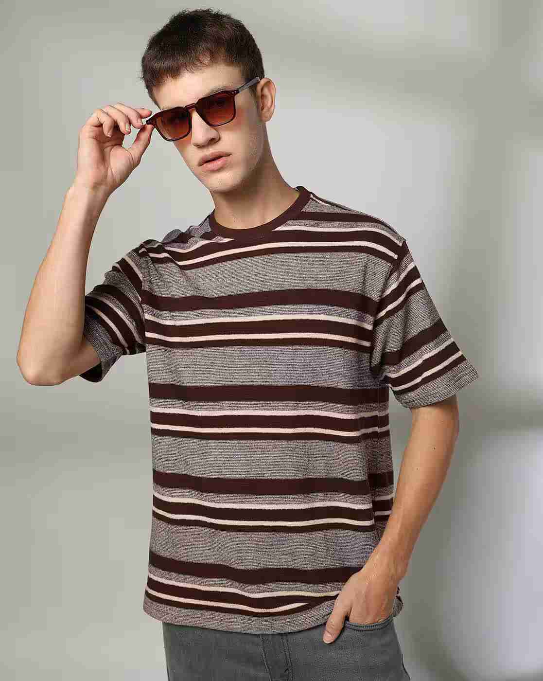 DNMX | Men Striped Relaxed Fit Crew-Neck T-Shirt|0