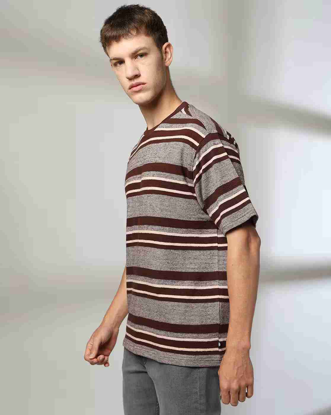 DNMX | Men Striped Relaxed Fit Crew-Neck T-Shirt|1