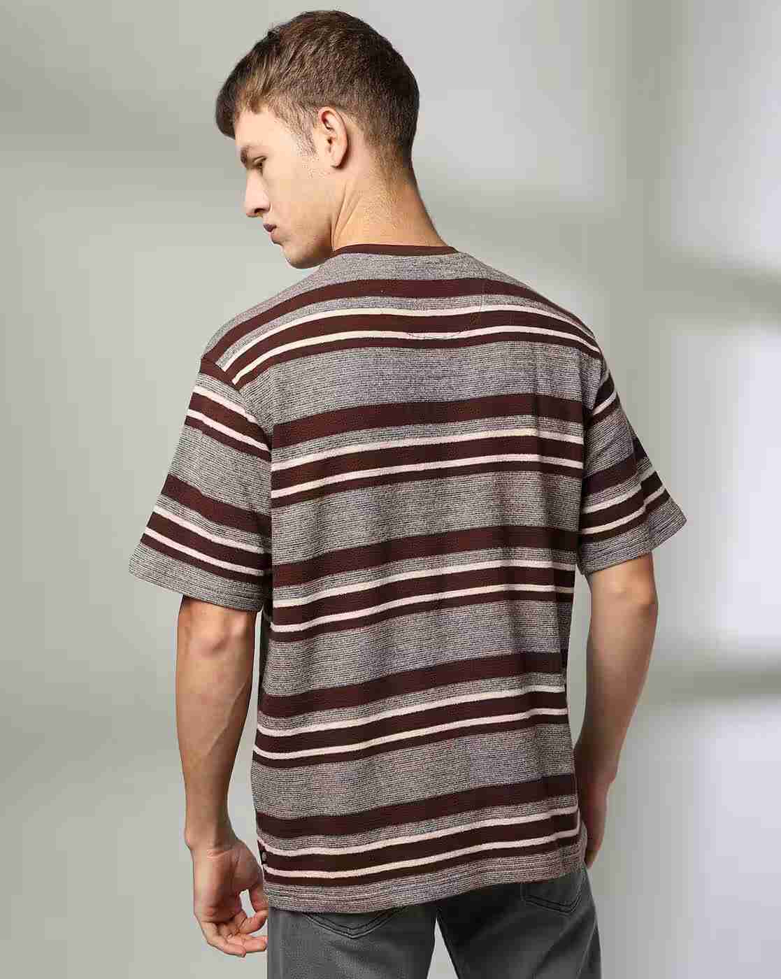 DNMX | Men Striped Relaxed Fit Crew-Neck T-Shirt|2