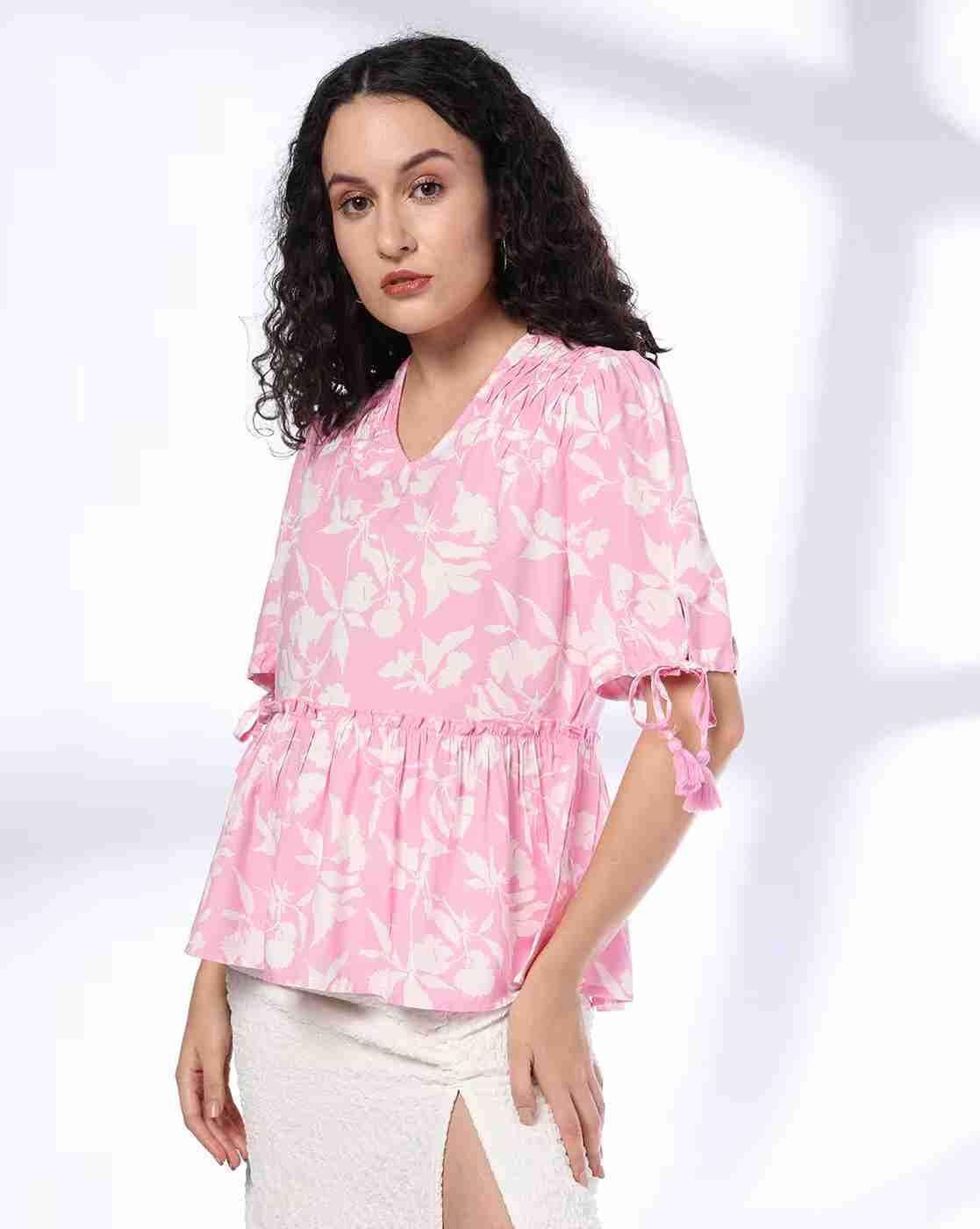 DNMX | Women Floral Print Relaxed Fit Peplum Top|0