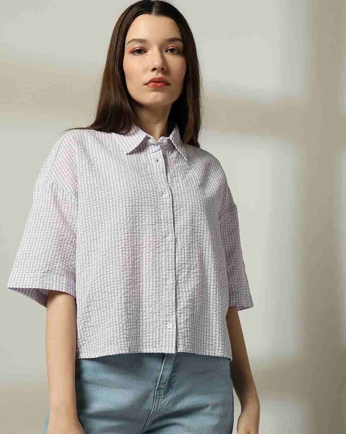 DNMX | Women Striped Drop-Shoulder Seersucker Shirt|0