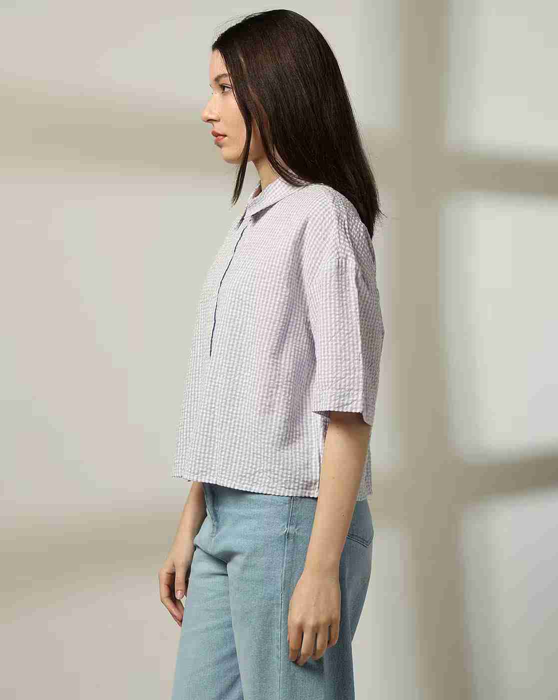 DNMX | Women Striped Drop-Shoulder Seersucker Shirt|1