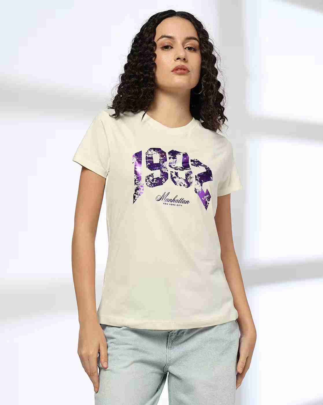 DNMX | Women Foil Print Regular Fit Round-Neck T-Shirt|0