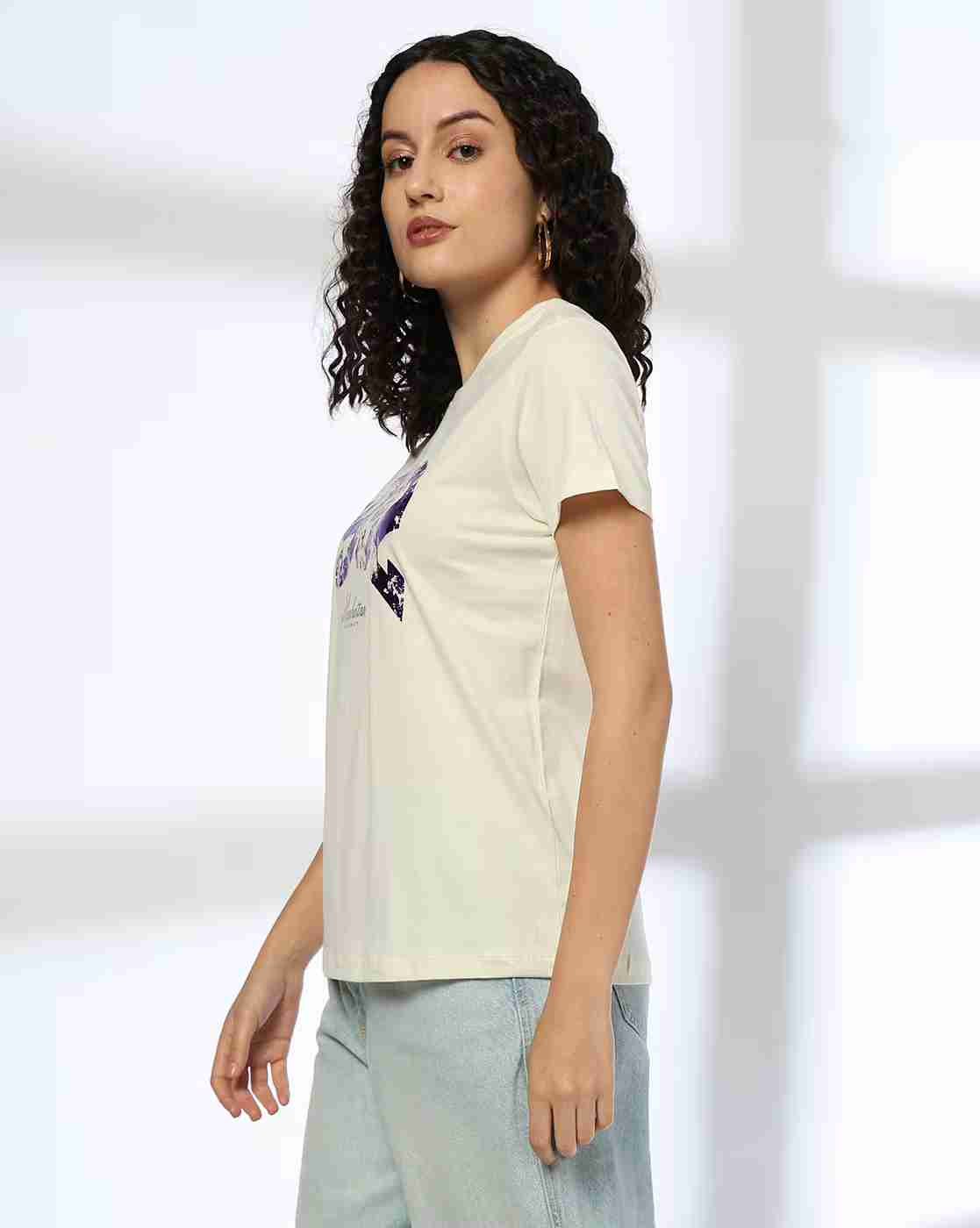 DNMX | Women Foil Print Regular Fit Round-Neck T-Shirt|1