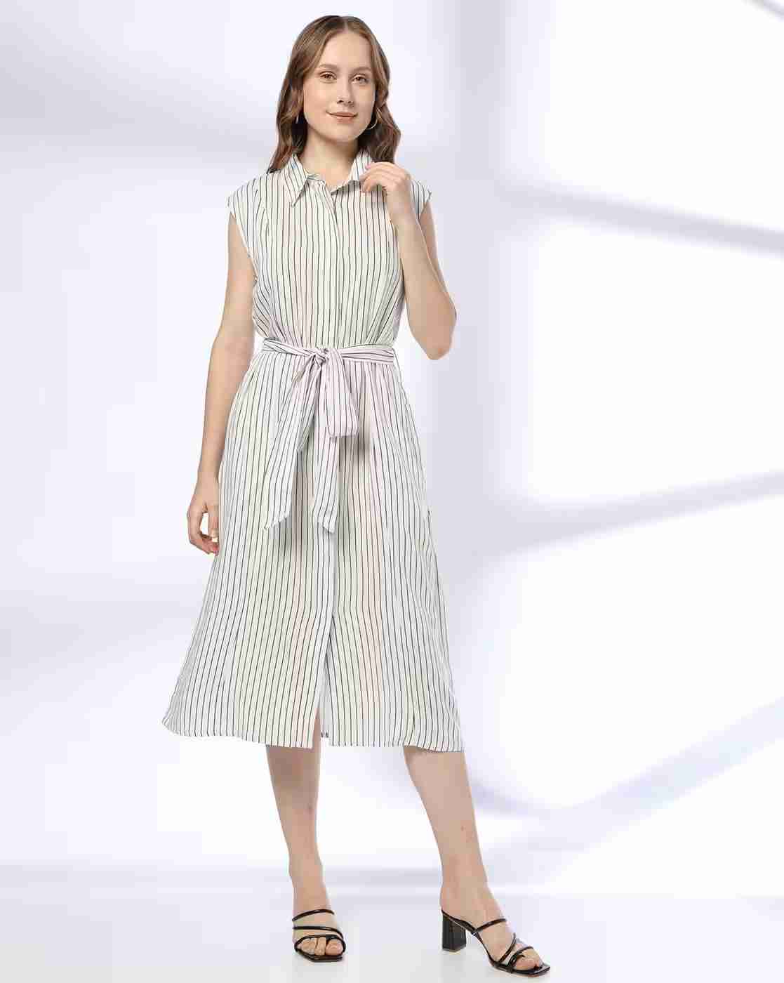 DNMX | Women Striped Shirt Dress with Tie-Up Belt|0
