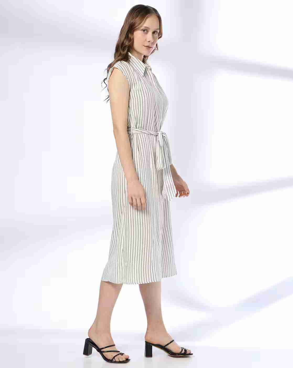 DNMX | Women Striped Shirt Dress with Tie-Up Belt|1