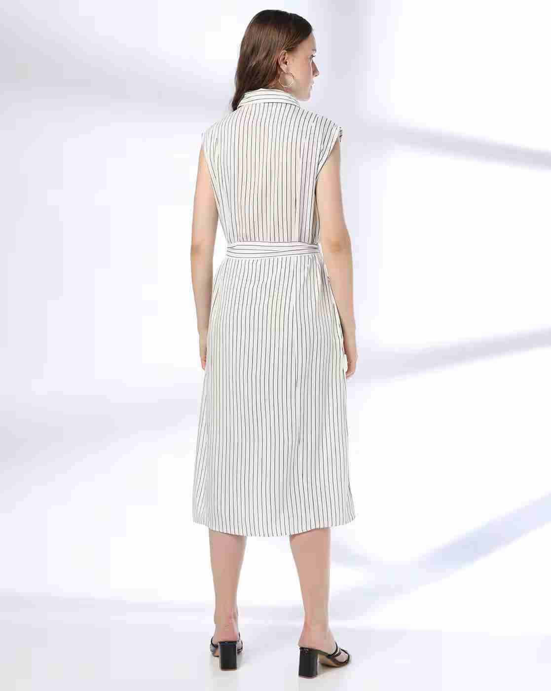 DNMX | Women Striped Shirt Dress with Tie-Up Belt|2