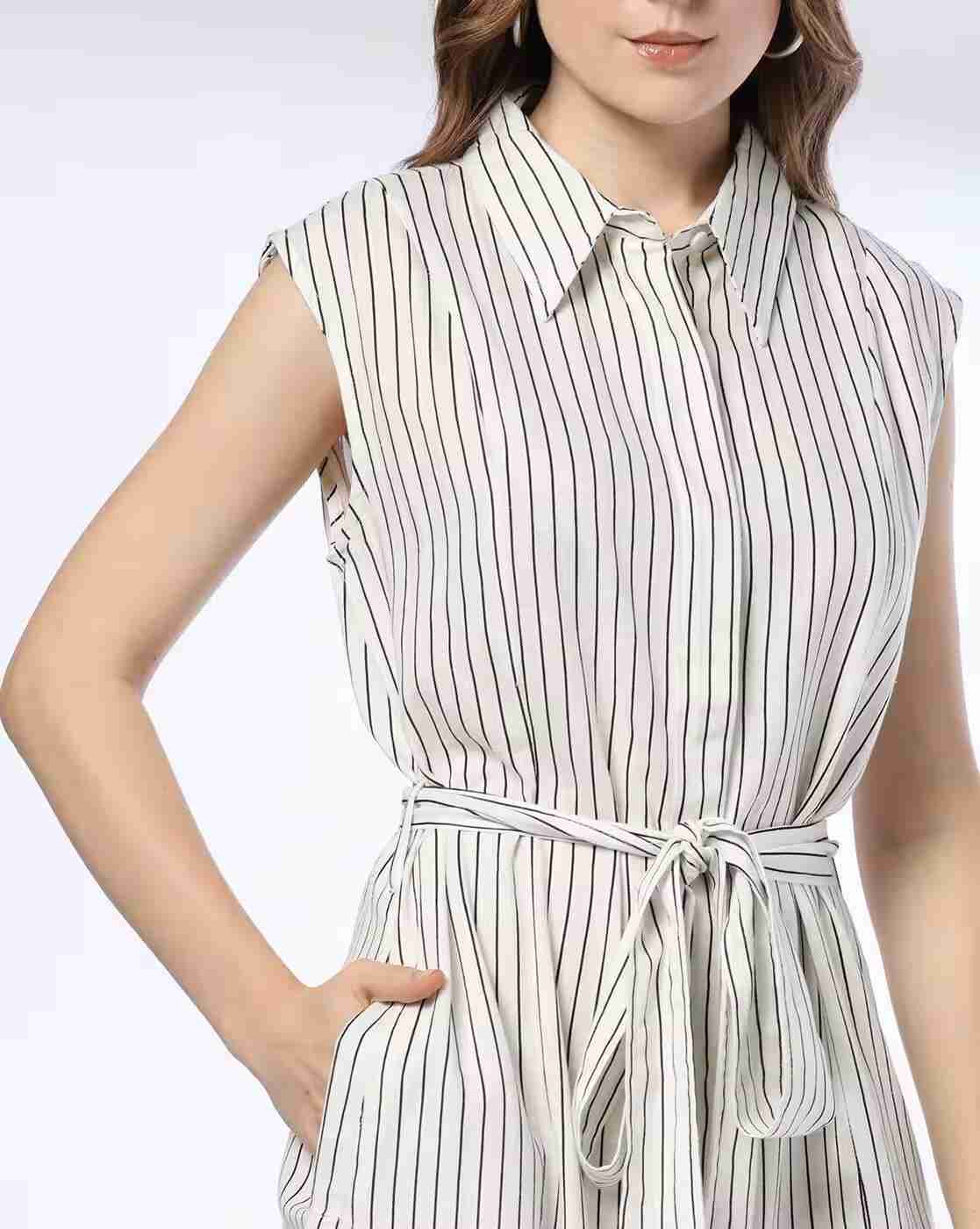 Women Striped Shirt Dress with Tie-Up Belt