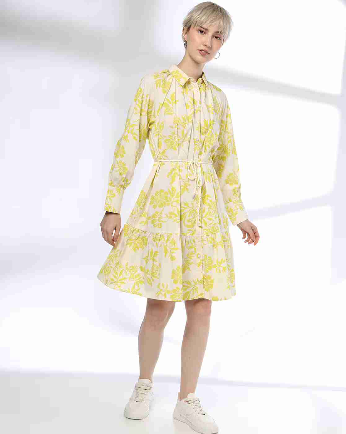 DNMX | Women Floral Print Shirt Dress with Tie-Up Belt|0
