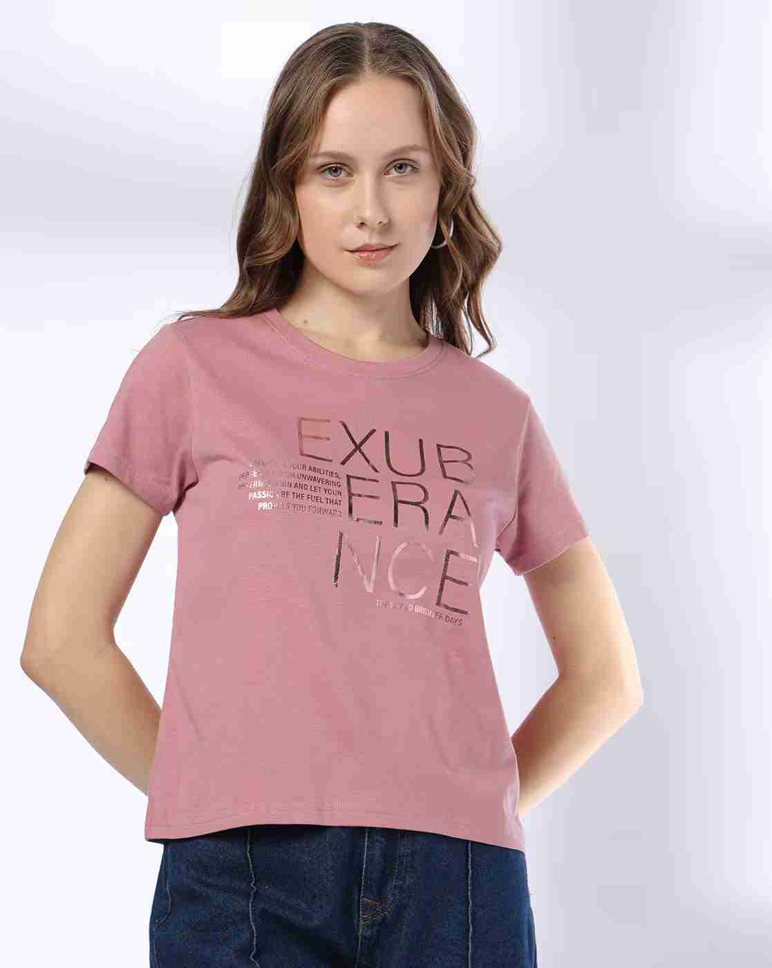 DNMX | Women Typographic Print Regular Fit Round-Neck T-Shirt|0
