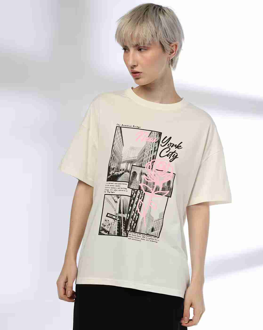 DNMX | Women Graphic Print Oversized Crew-Neck T-Shirt|1
