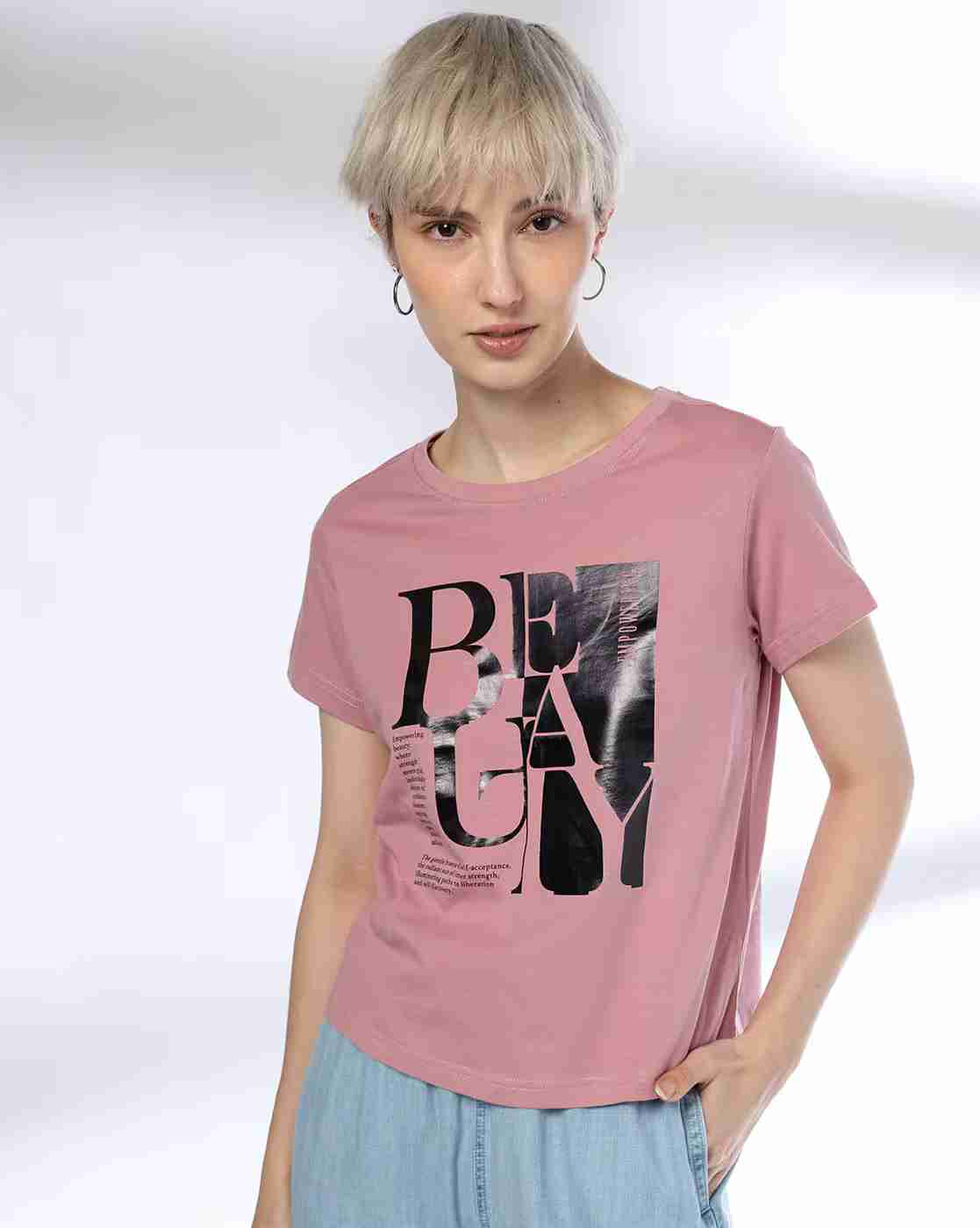 DNMX | Women Typographic Print Boxy Fit Round-Neck T-Shirt|0