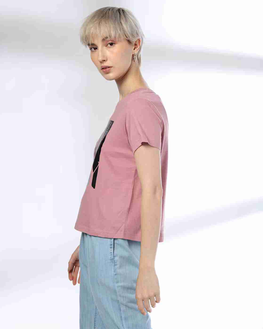 DNMX | Women Typographic Print Boxy Fit Round-Neck T-Shirt|1