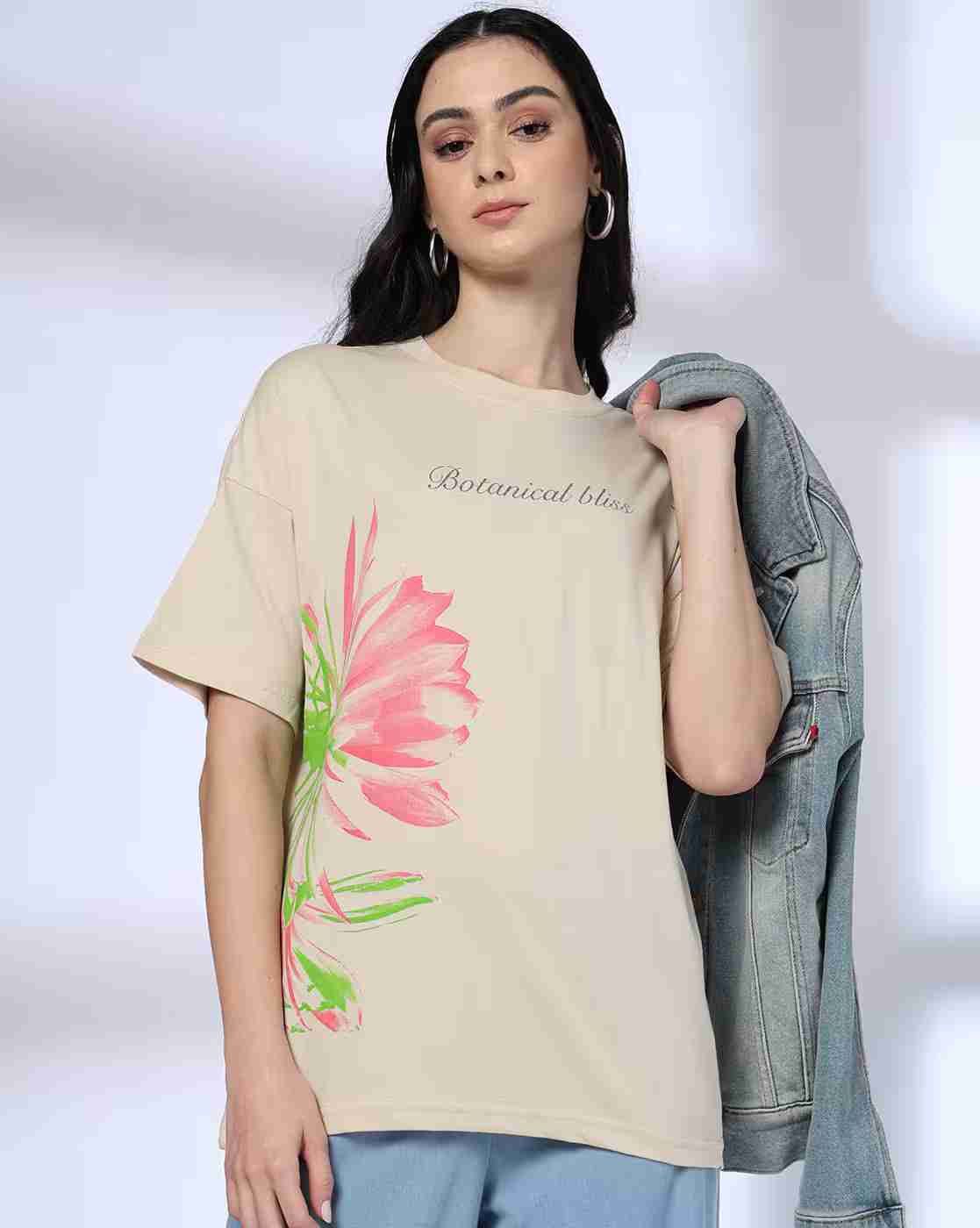 DNMX | Women Floral Print Oversized Round-Neck T-Shirt|0