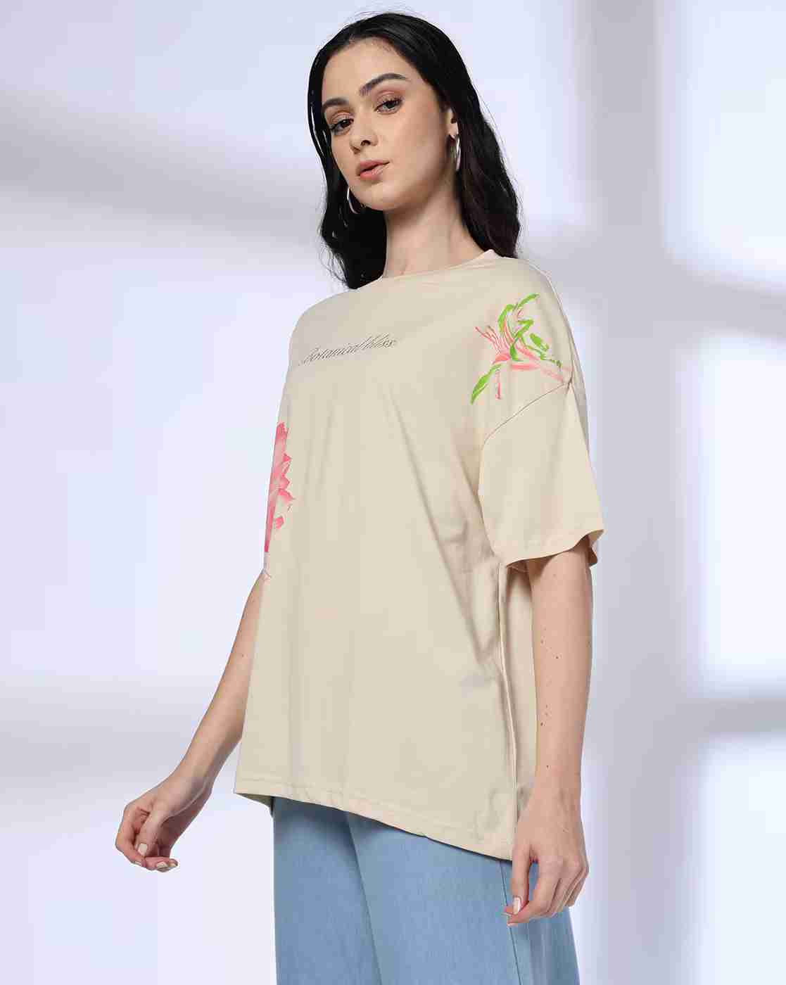 DNMX | Women Floral Print Oversized Round-Neck T-Shirt|1