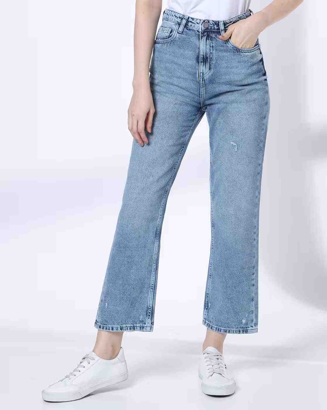 DNMX | Women Heavily Washed High-Rise Straight Jeans|0