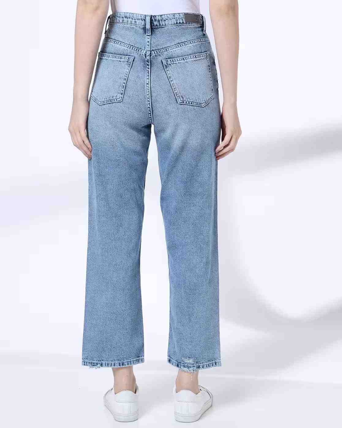 DNMX | Women Heavily Washed High-Rise Straight Jeans|2