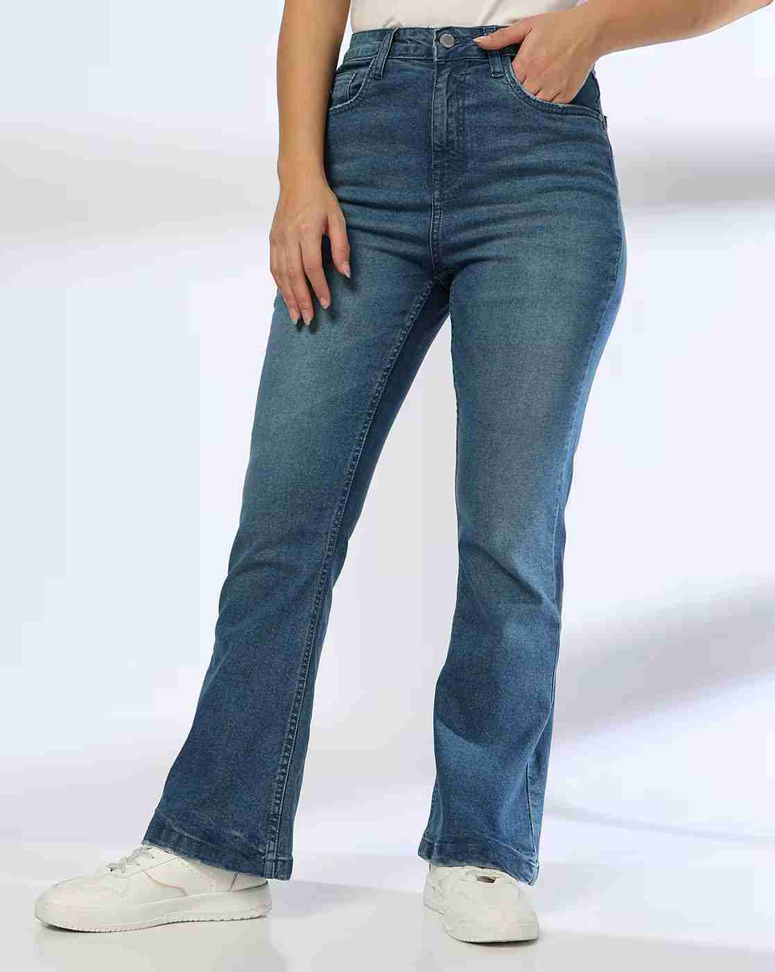 DNMX | Women Mid-Wash High-Rise Flared Jeans|0