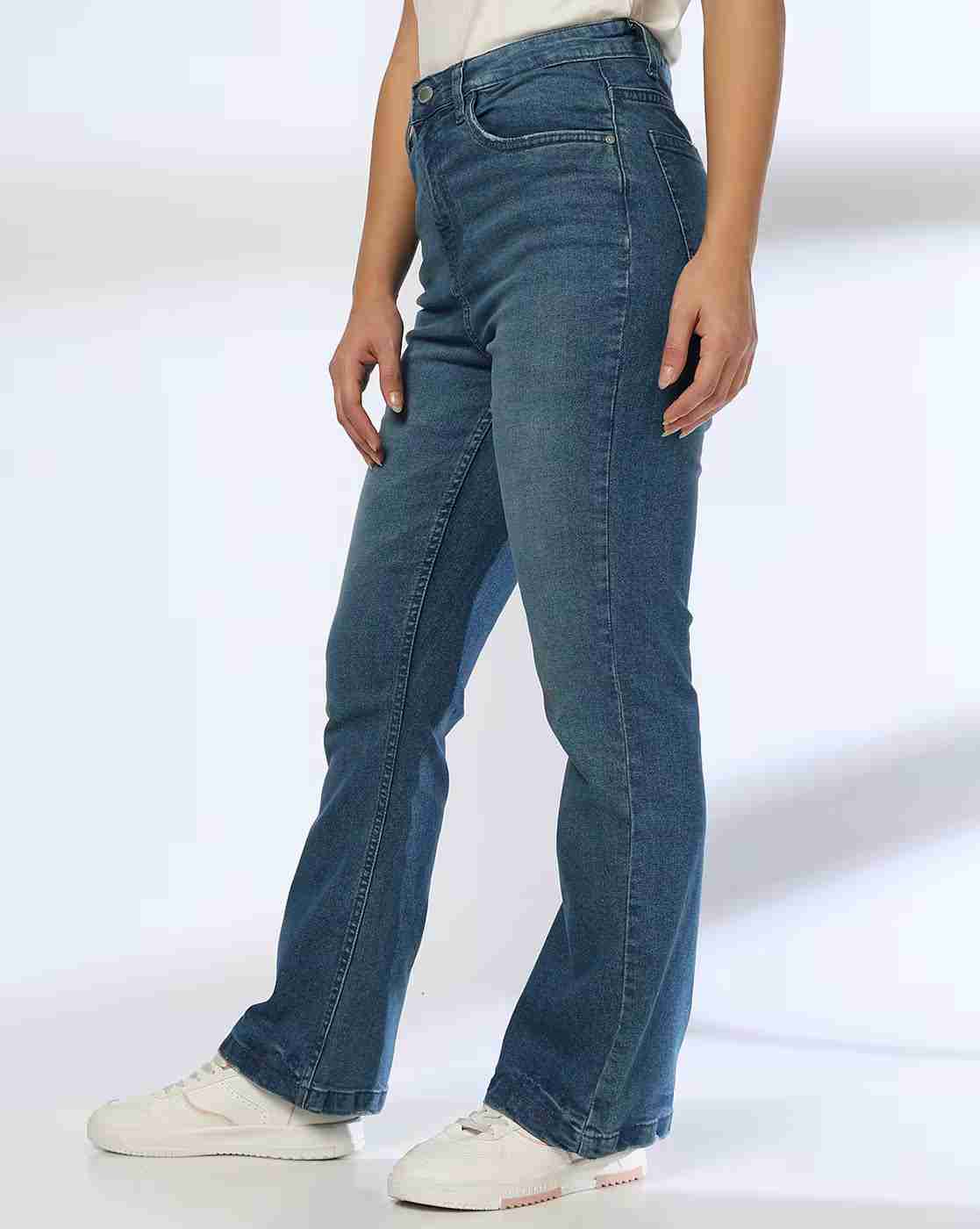 DNMX | Women Mid-Wash High-Rise Flared Jeans|1