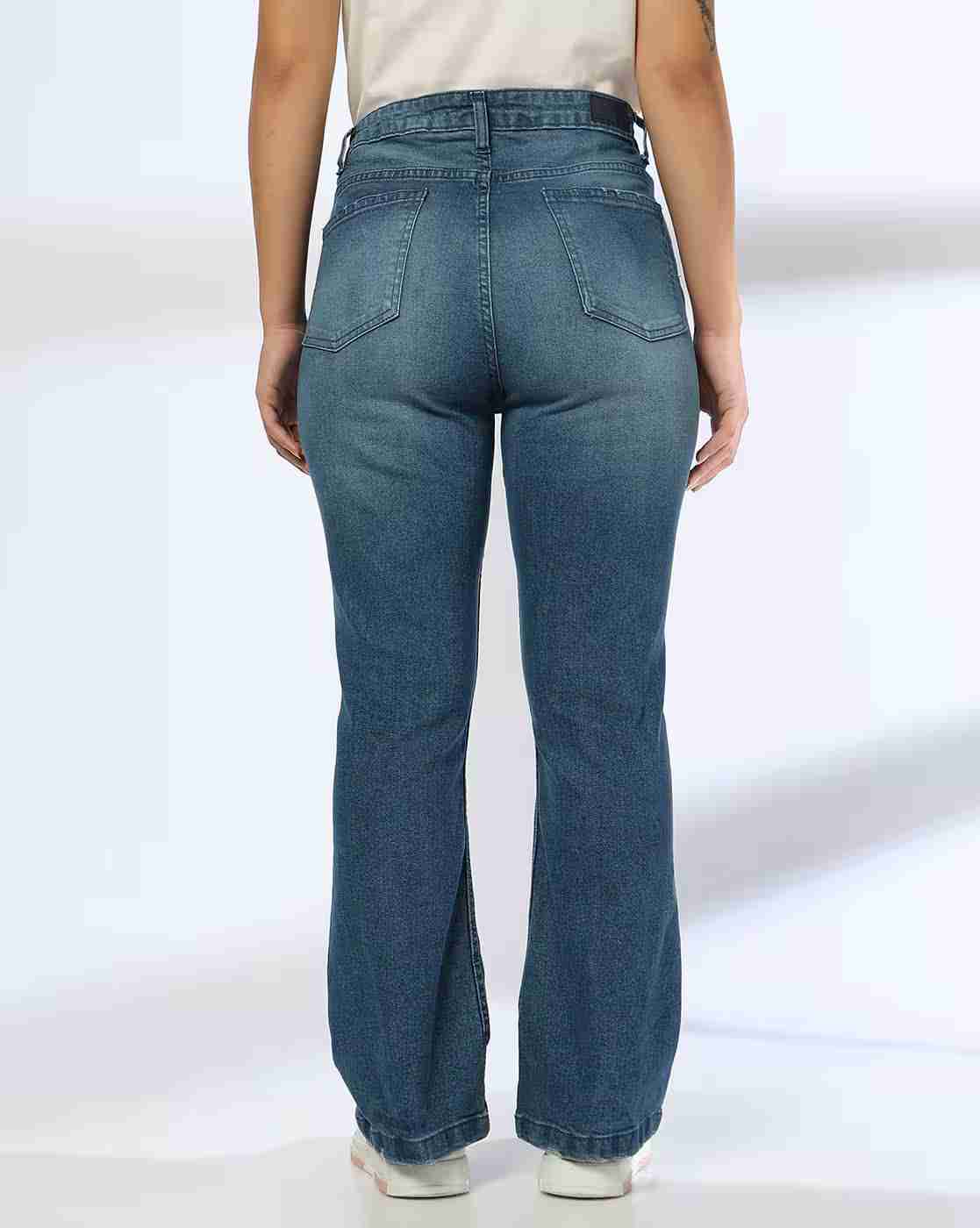DNMX | Women Mid-Wash High-Rise Flared Jeans|2