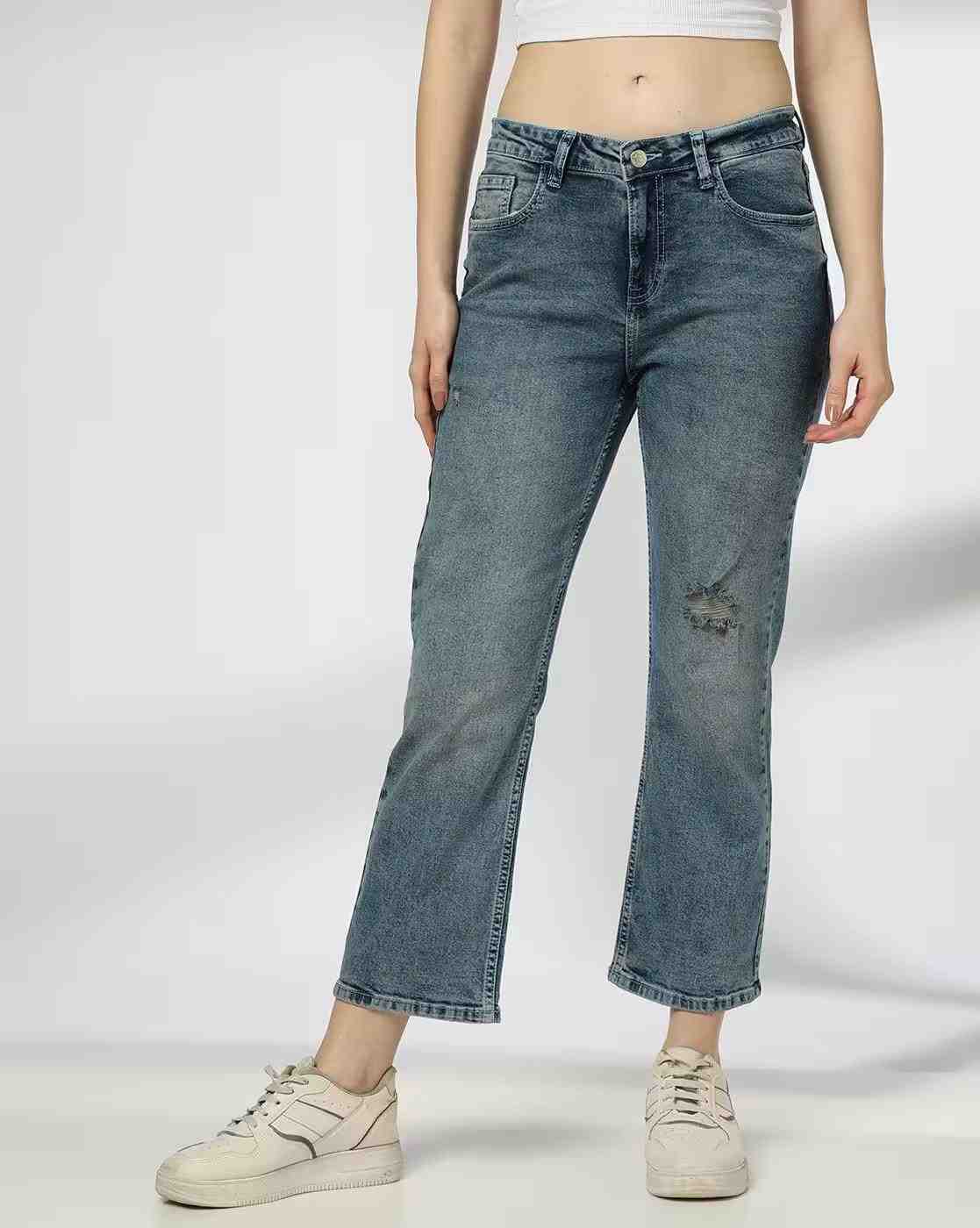 DNMX | Women Mid-Wash Distressed Cropped Jeans|0