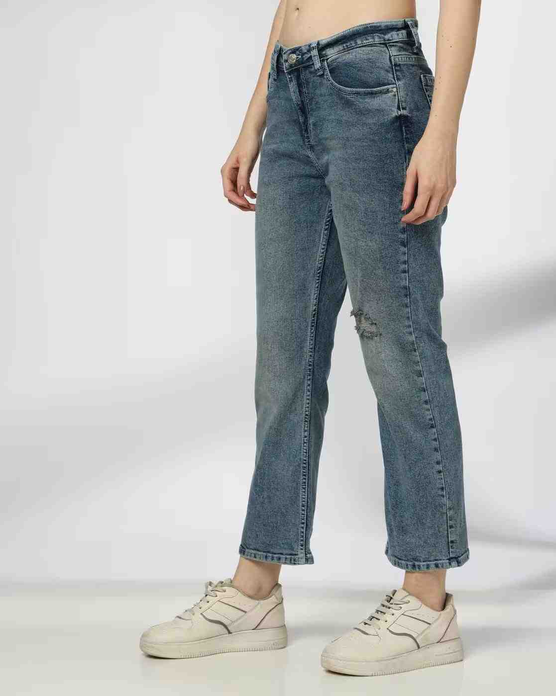 DNMX | Women Mid-Wash Distressed Cropped Jeans|1