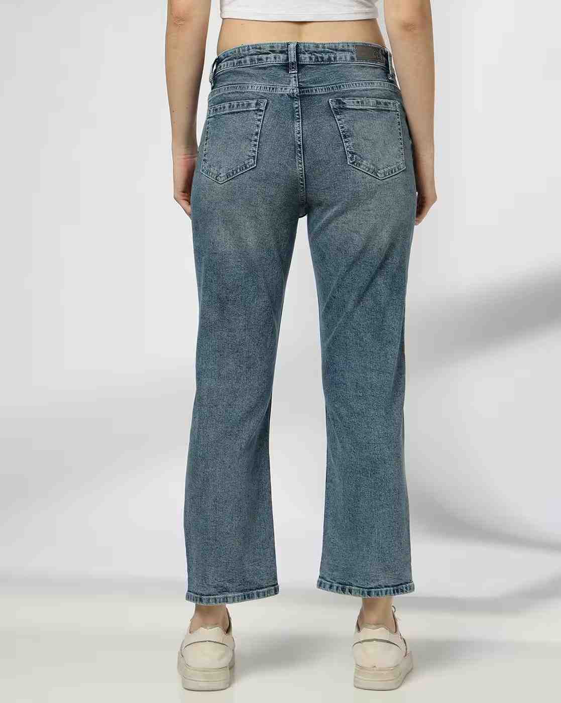 DNMX | Women Mid-Wash Distressed Cropped Jeans|2