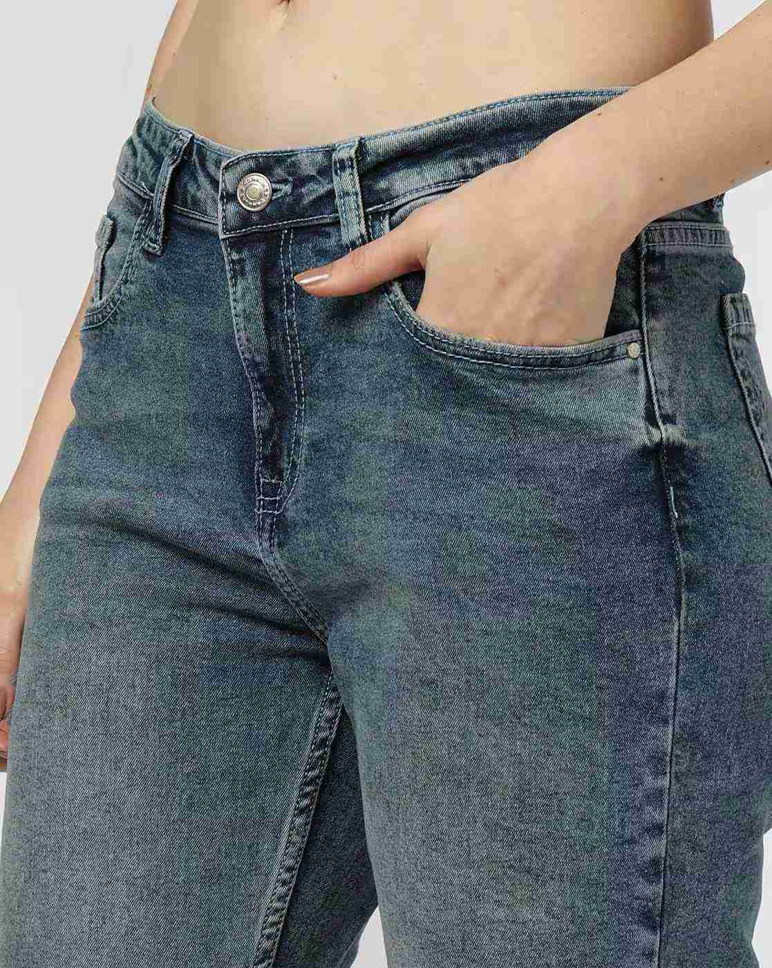 DNMX | Women Mid-Wash Distressed Cropped Jeans|3