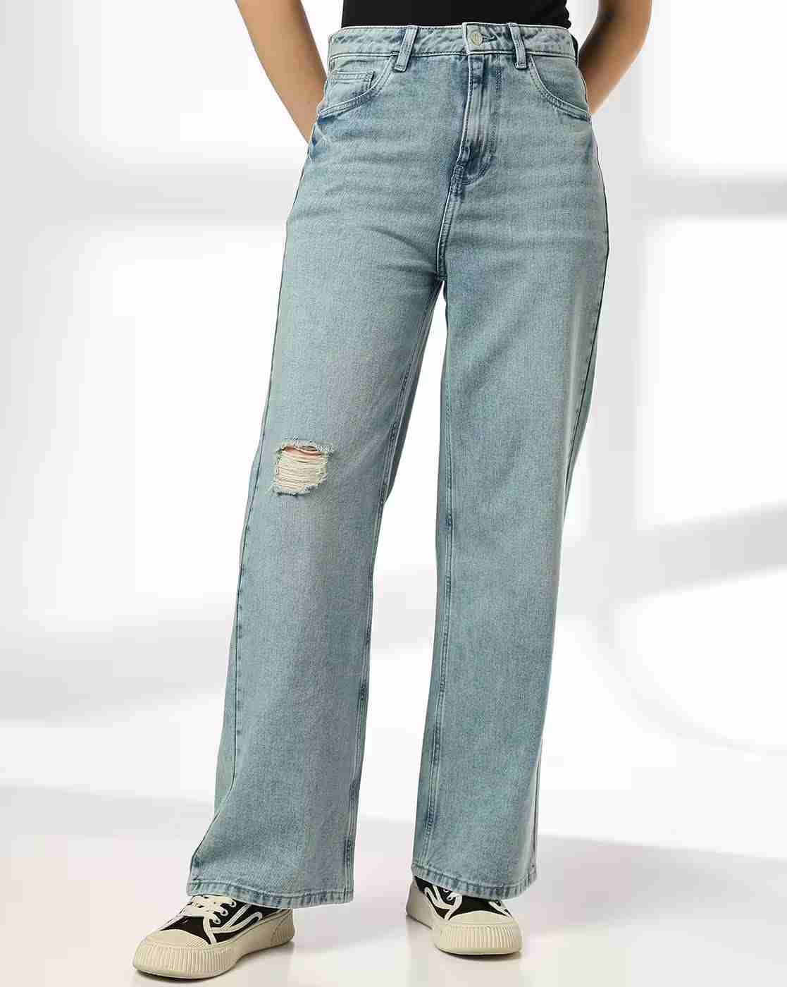 DNMX | Women Mid-Wash Wide-Leg Jeans|0