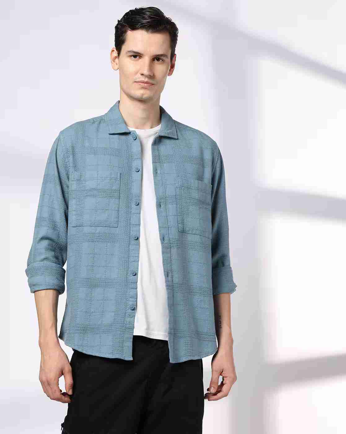 DNMX | Men Checked Regular Fit Shirt with Patch Pockets|0
