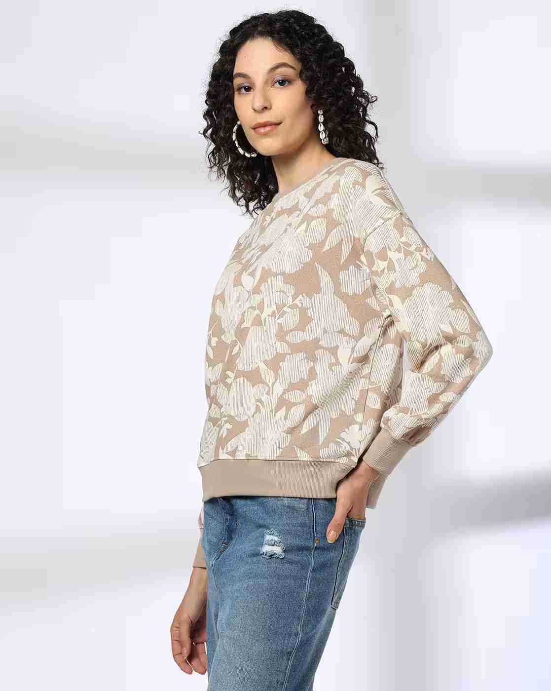 DNMX | Women Floral Print Boxy Fit Crew-Neck Sweatshirt|1