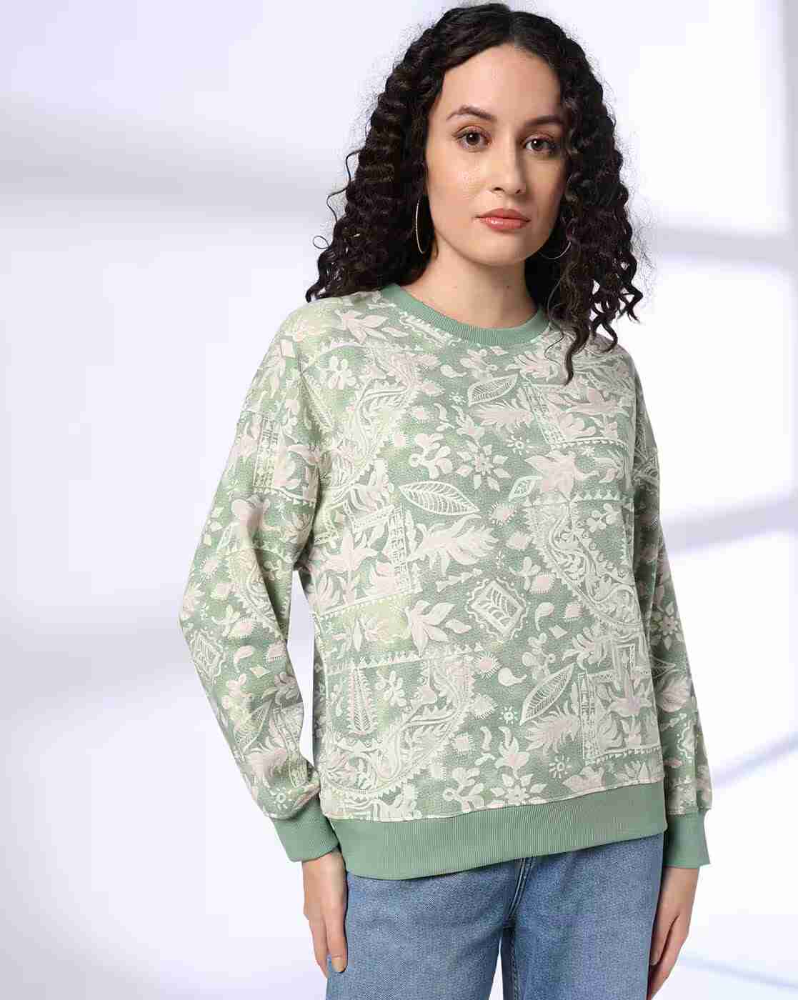 DNMX | Women Leaf Print Boxy Fit Crew-Neck Sweatshirt|0