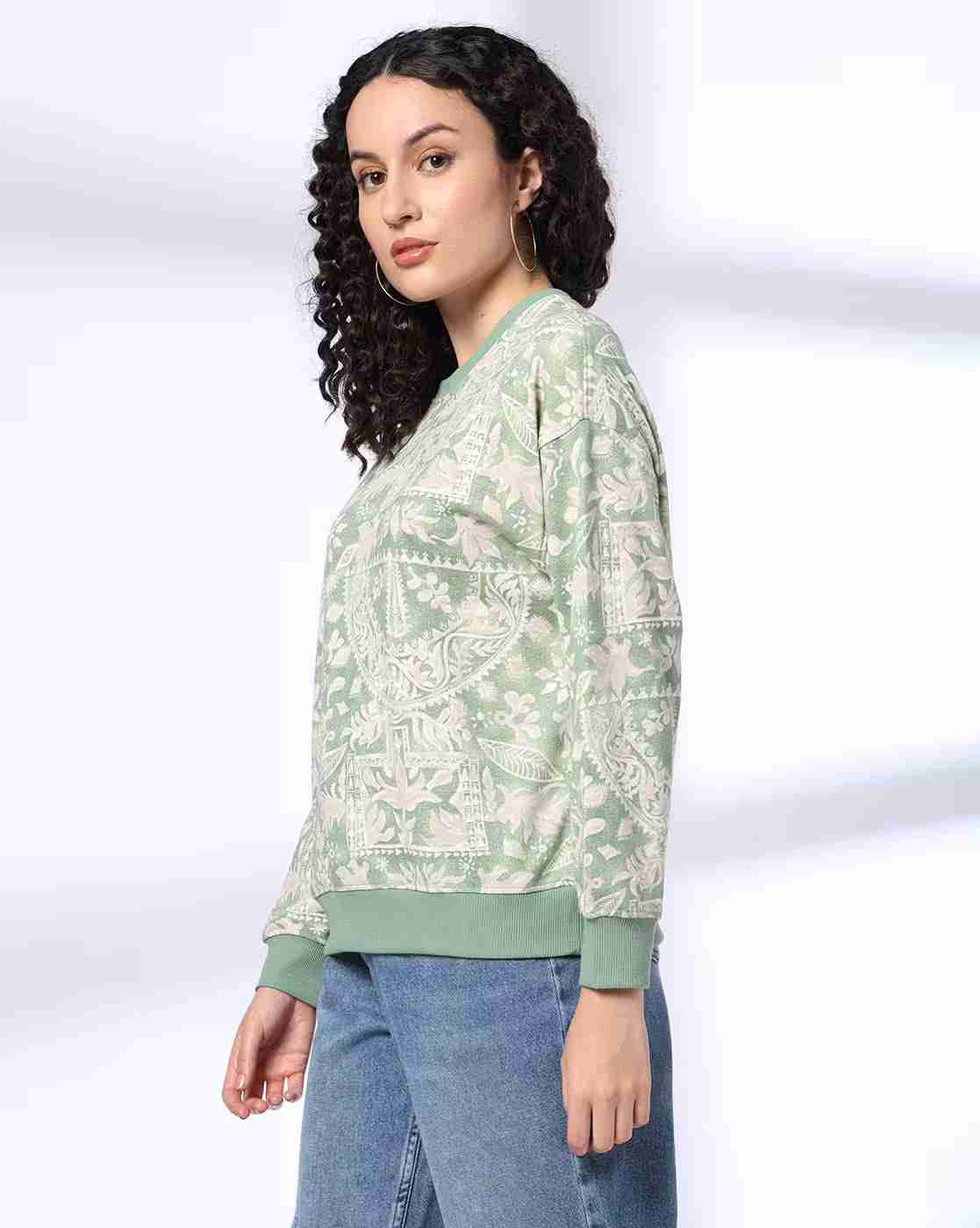 DNMX | Women Leaf Print Boxy Fit Crew-Neck Sweatshirt|1