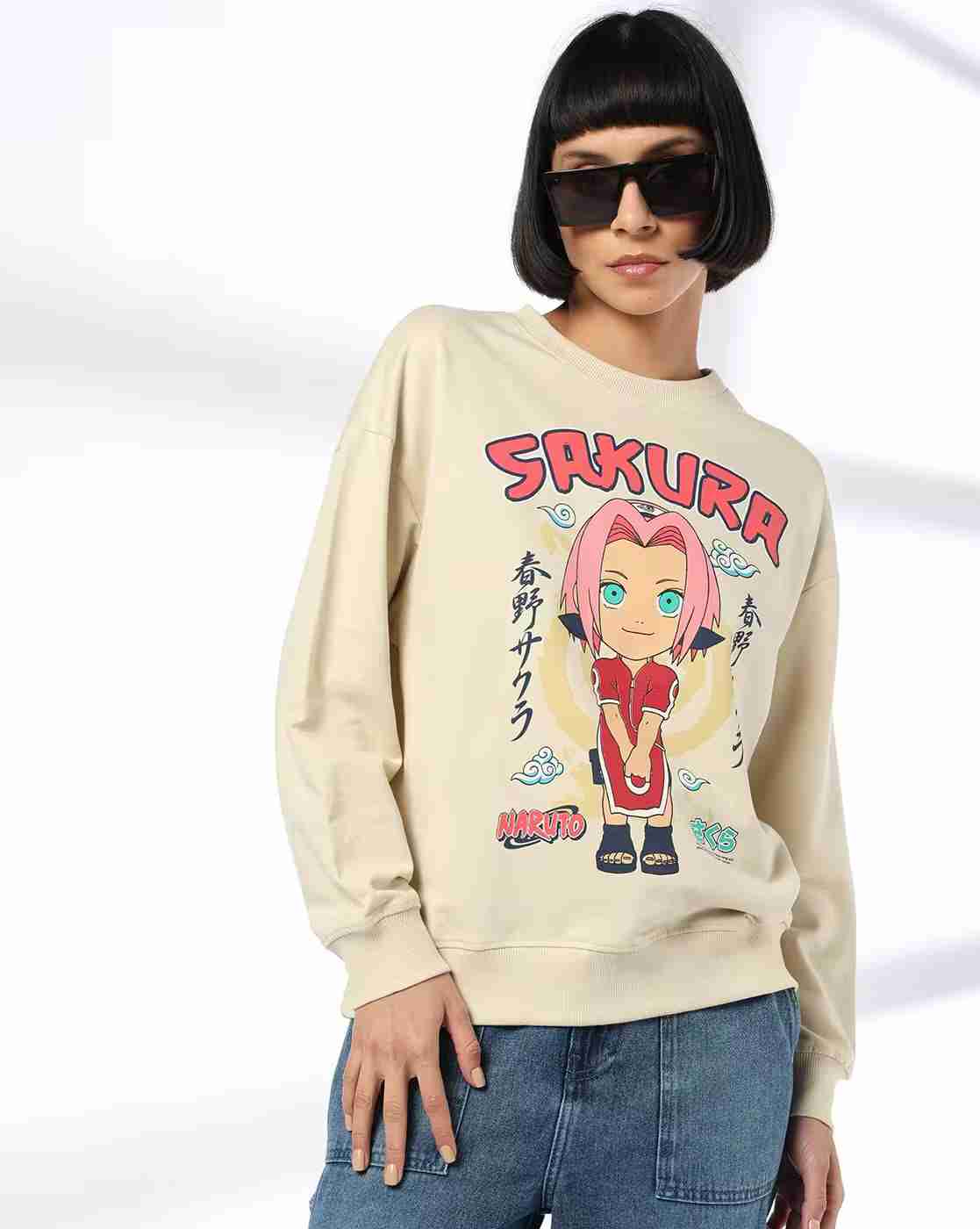 DNMX | Women Naruto Sakura Print Boxy Fit Crew-Neck Sweatshirt|0