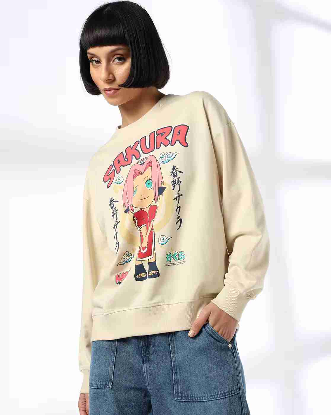 DNMX | Women Naruto Sakura Print Boxy Fit Crew-Neck Sweatshirt|1