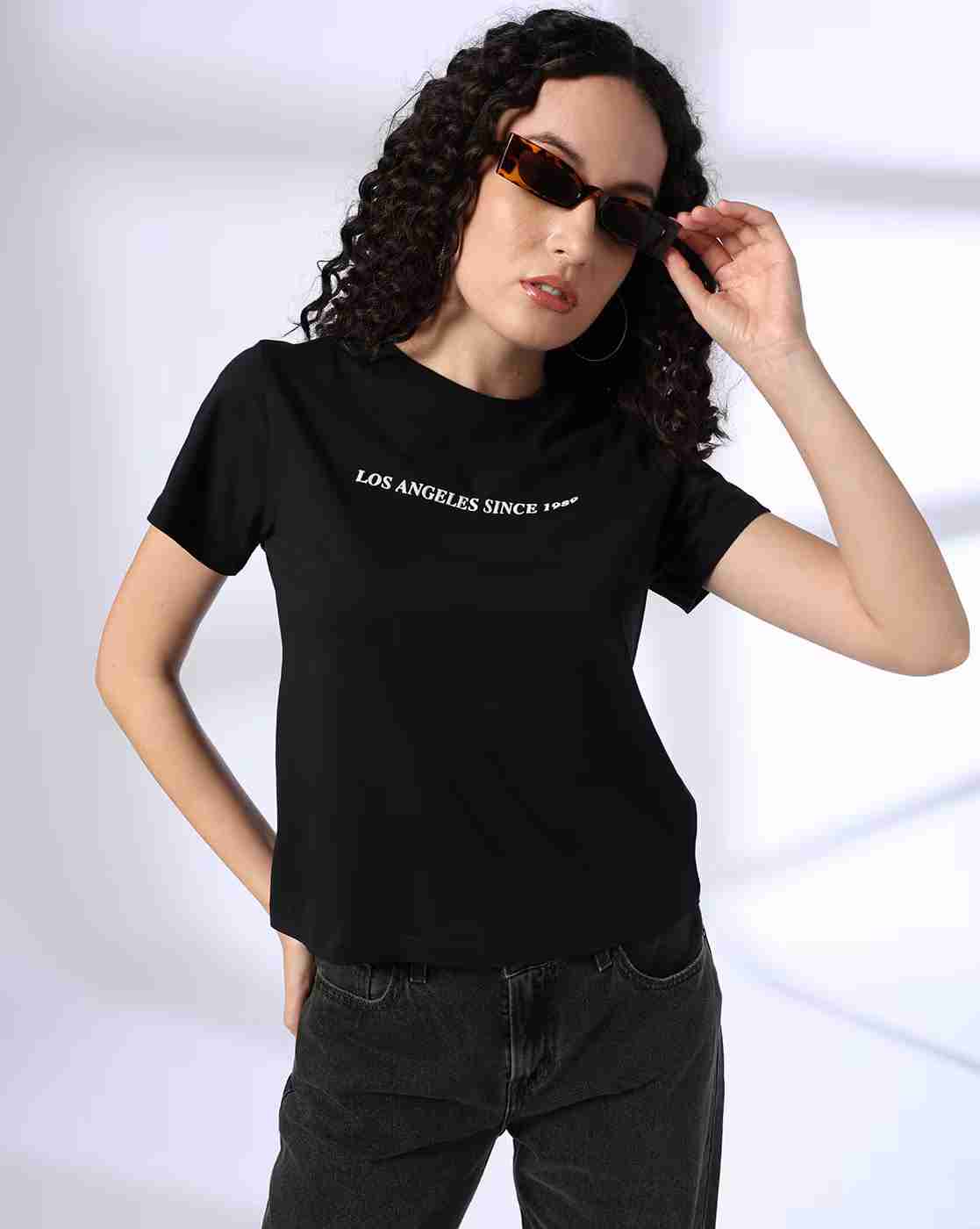 DNMX | Women Typographic Print Regular Fit Cotton Crew-Neck T-Shirt|0