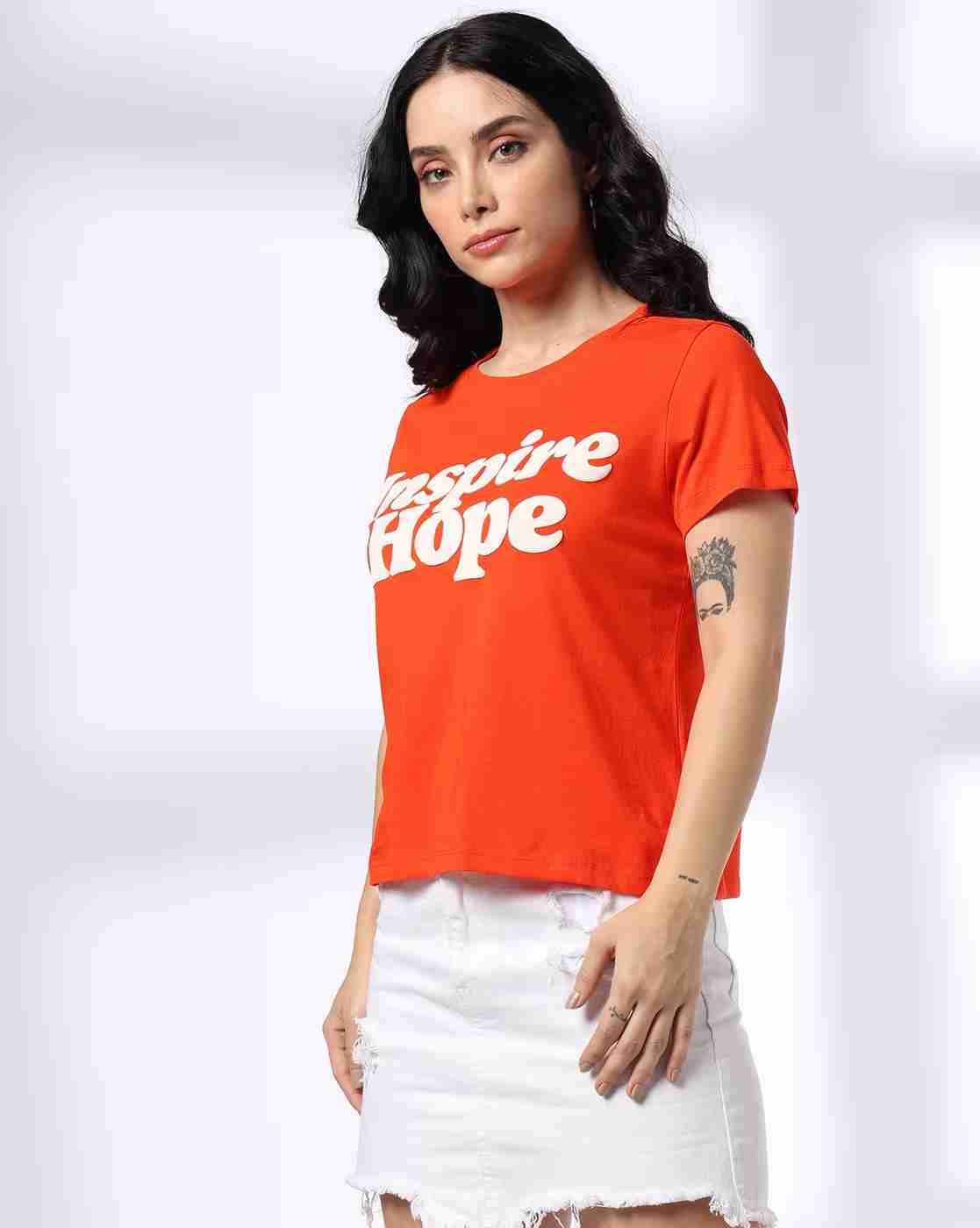 DNMX | Women Typographic Print Regular Fit Crew-Neck T-Shirt|1