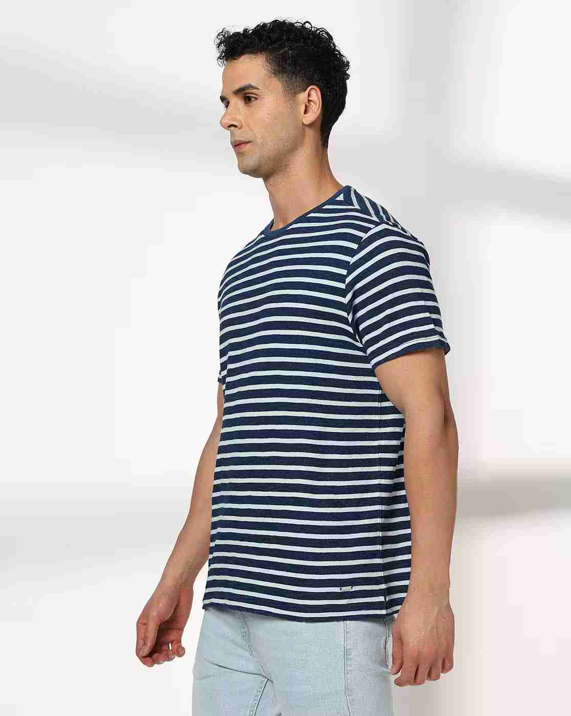 DNMX | Men Striped Regular Fit Cotton Crew-Neck T-Shirt|1