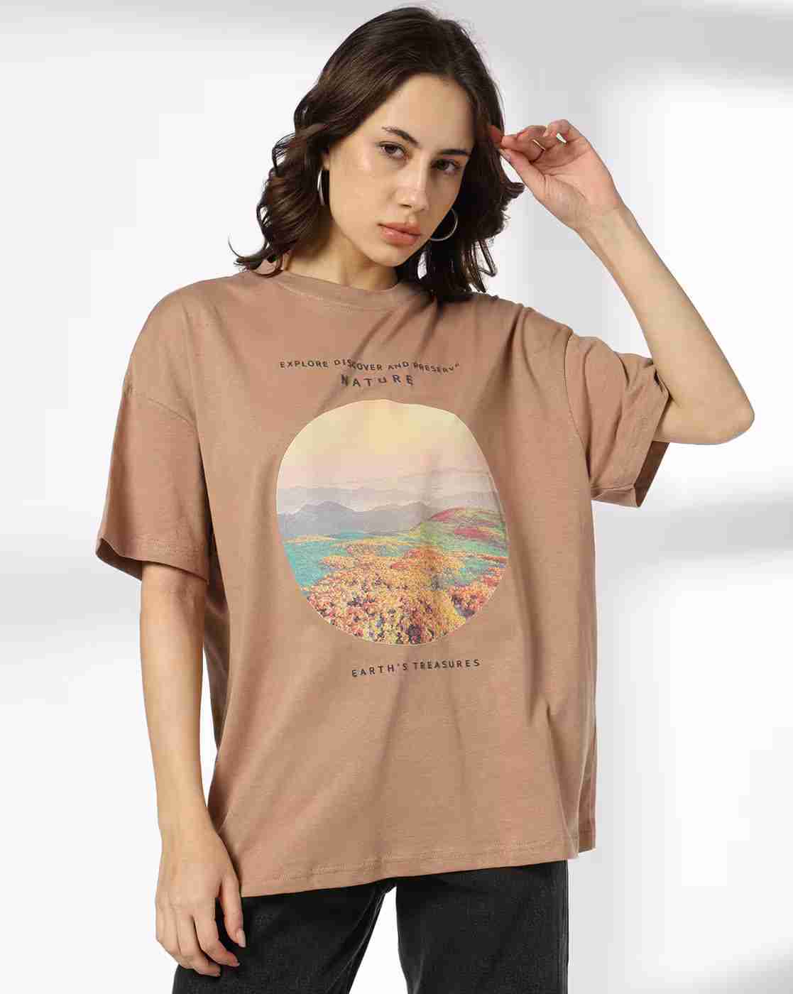 DNMX | Women Nature Print Oversized Crew-Neck T-Shirt|0