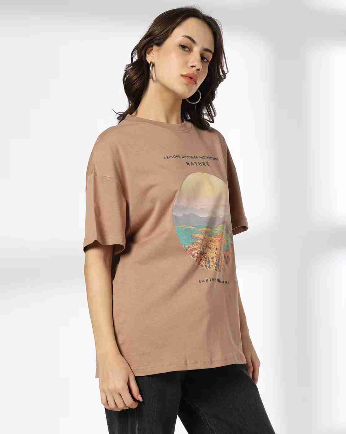 DNMX | Women Nature Print Oversized Crew-Neck T-Shirt|1